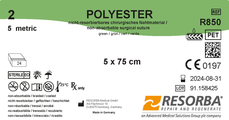 Поліестер USP 2 зелений, у відрізках 5шт*75см